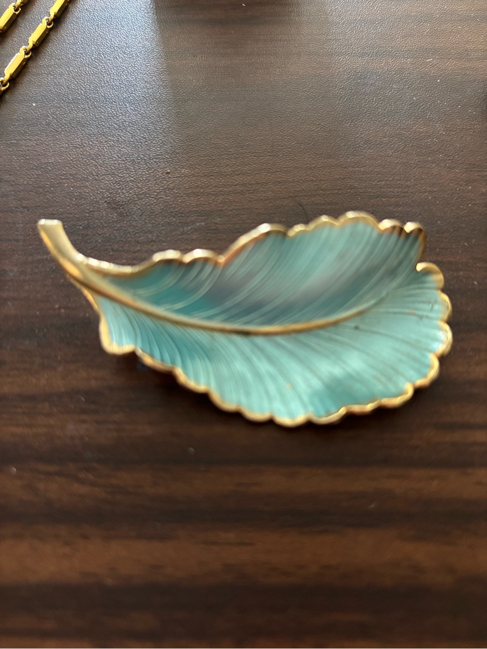 Gold-Trim Turquoise Enamel Leaf Brooch